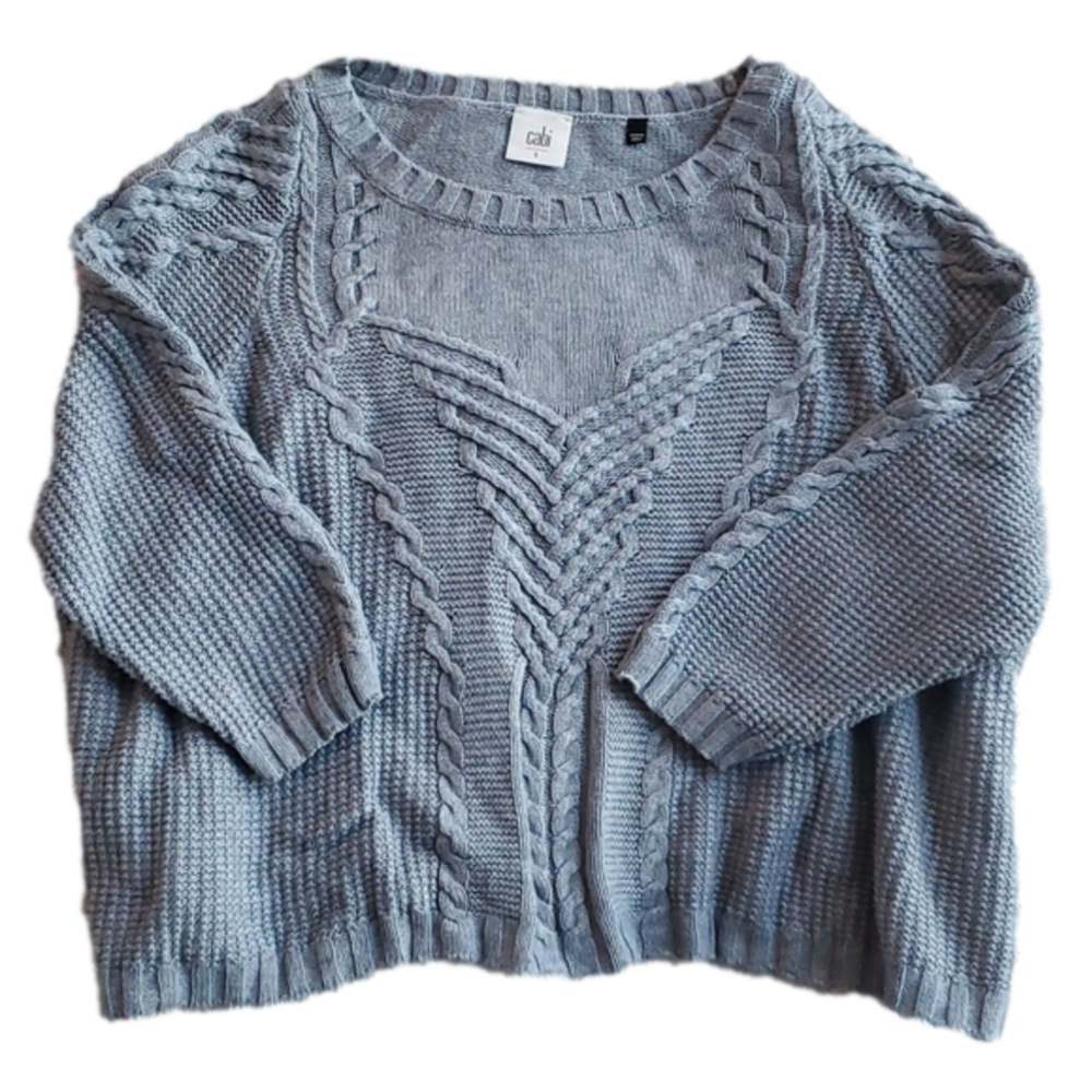Cabi Blue Grey 3/4 Sleeves Chunky Cable Knit Wide Neck Cropped Sweater Size S